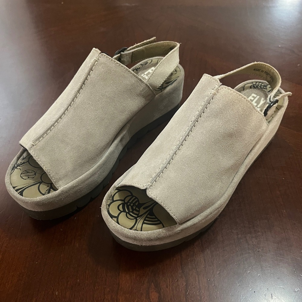 Fly London Suede Platform Slingback Sandals Taupe Grey Peep Toe 500611007 Sz 39